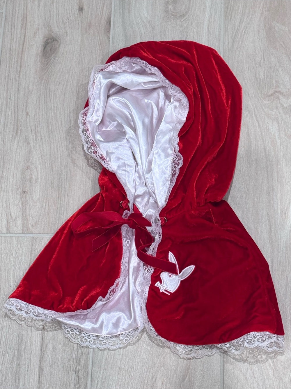 Playboy Red Velvet Little Red Riding Hood Costume Dress with White Lace Trim - Picture 6 of 13